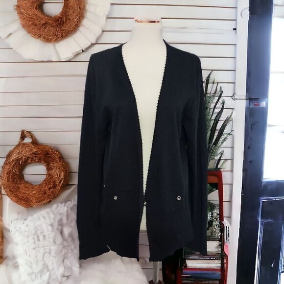 Carducci Cardigan XL Sweater Black Rib Knit Long Sleeve Beaded Neckline Grommets - Picture 12 of 16